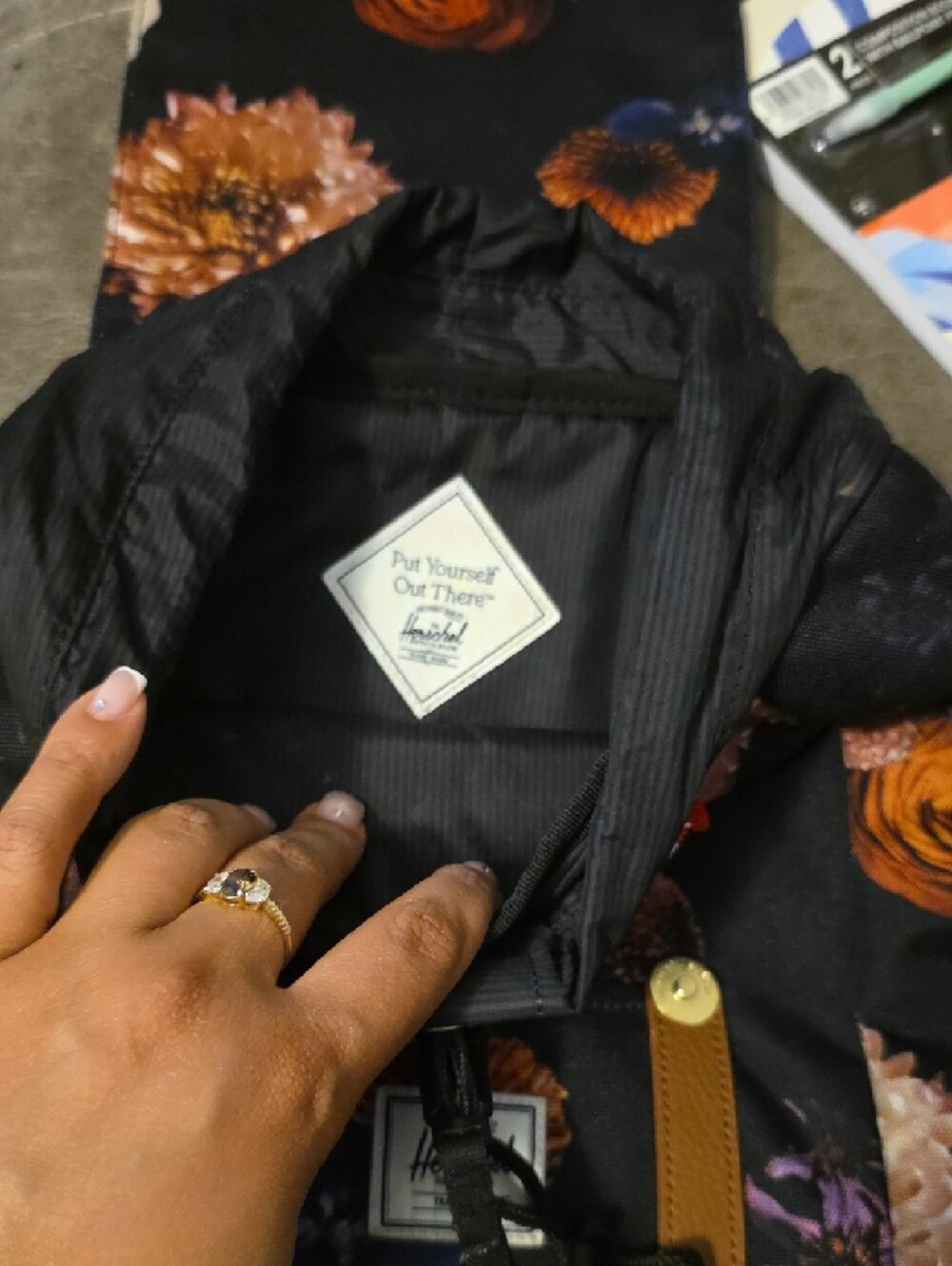 Herschel Floral Black Backpack with Brown Straps - Picture 3 of 6